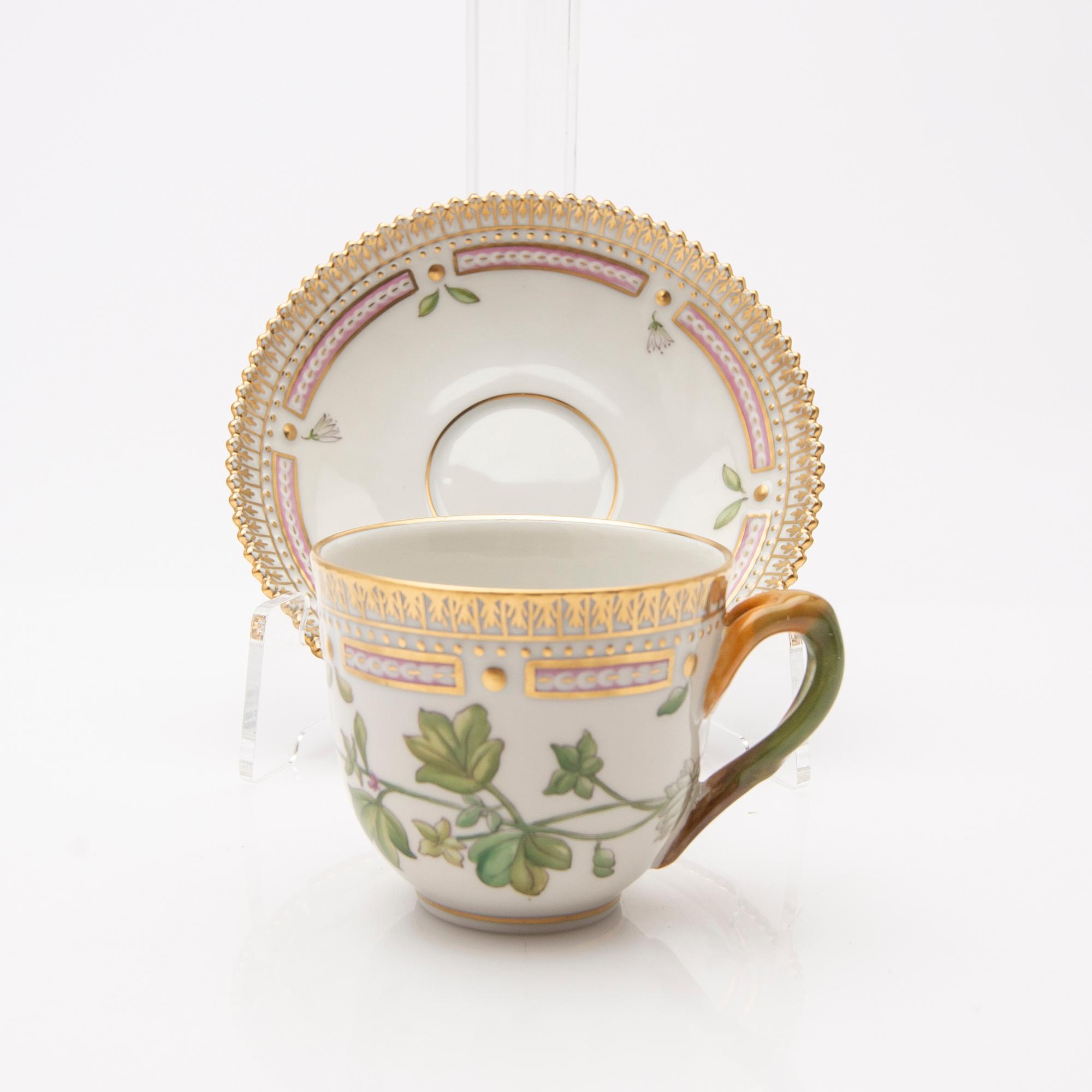 Coffee cup with saucer, porcelain, "Flora Danica", Royal Copenhagen, Denmark, 20th century.