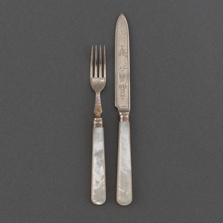 Fruit cutlery, 24 pcs, silver, silver plate and mother of pearl, William Hutton & Sons Ltd, Sheffield, 1914.