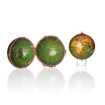 A Georgian 2.75 inch pocket globe with case by T. Harris & son (active in London 1802-1907), dated 1812.