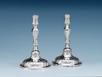 825. A PAIR OF SWEDISH SILVER CANDLESTICKS, Makers mark of Andreas Reutz, Gothenburg 1770.