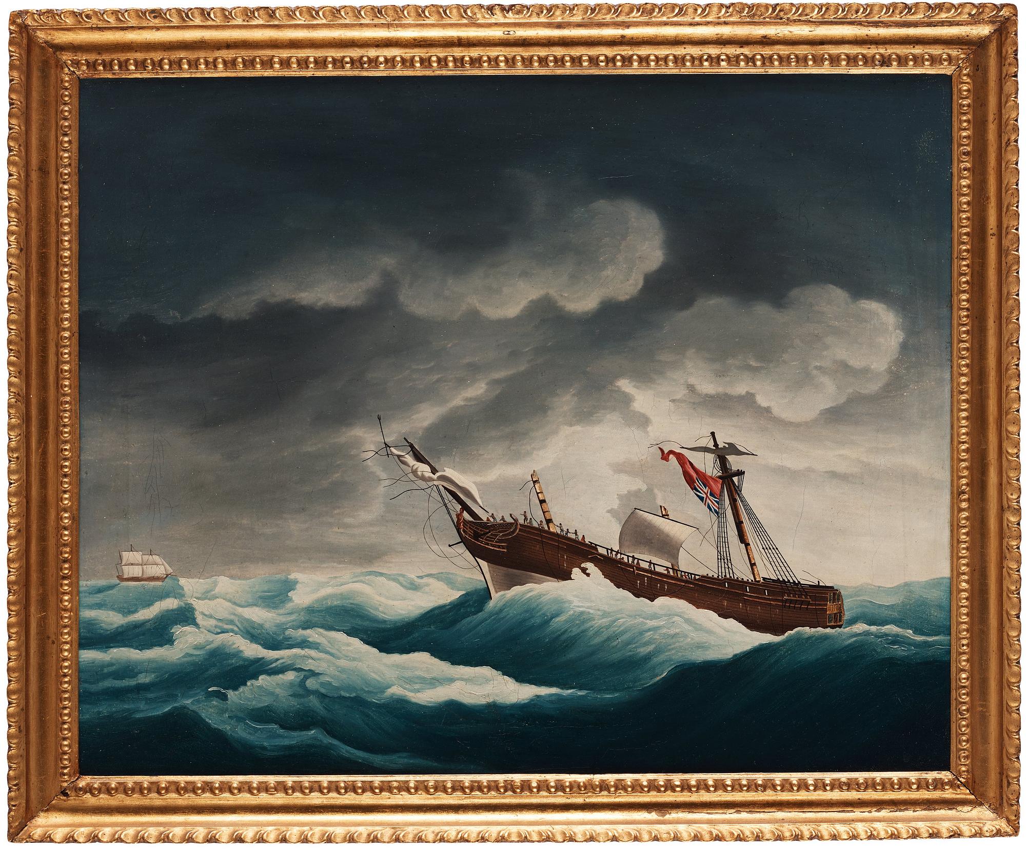 Two Chinese Export paintings of East Indiamen, Qing dynasty, circa 1800.
