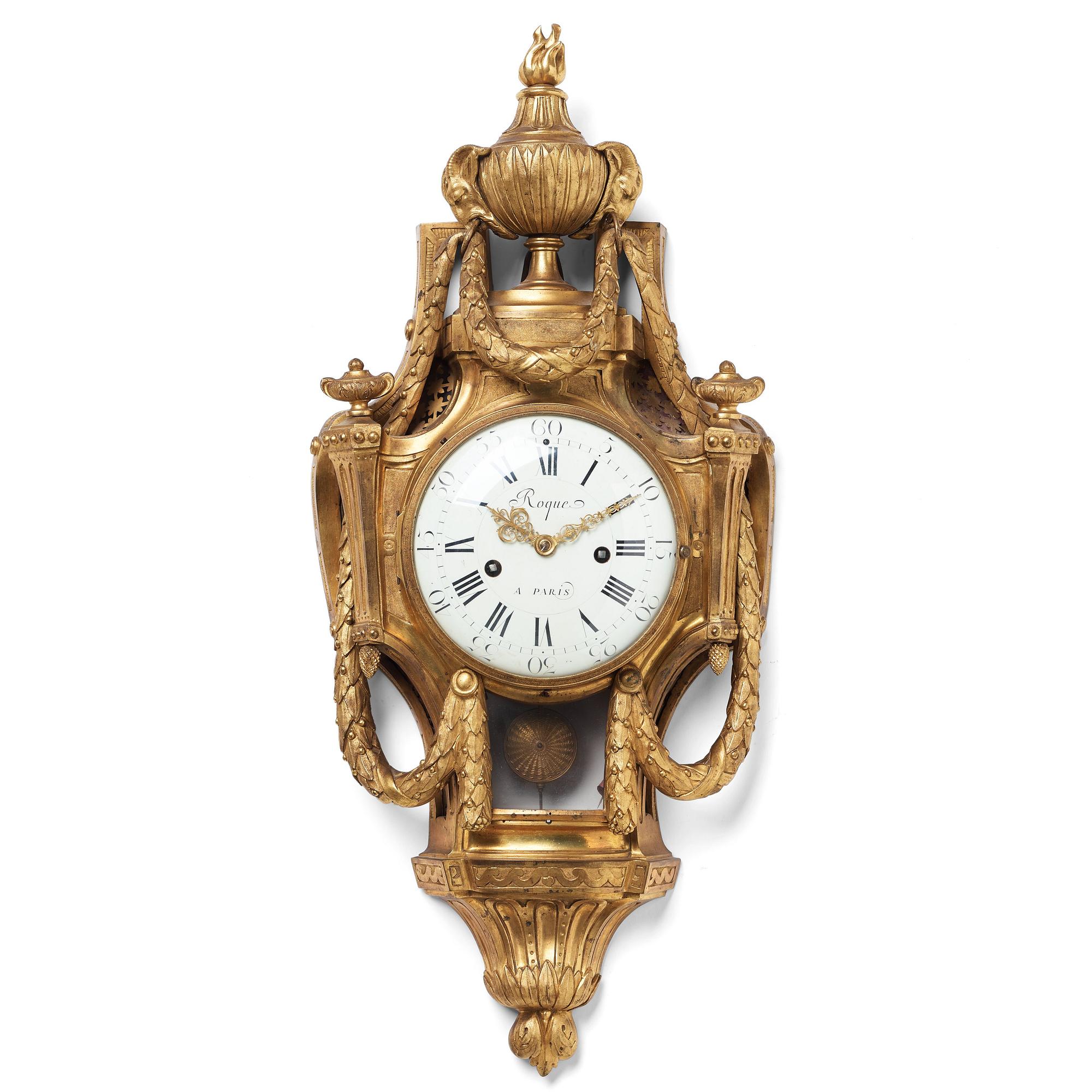 A Louis XVI gilt bronze wall clock by Jean Joseph Léonard Roque, active 1770-89.