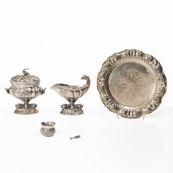 Sugar bowl, cream jug, tray, cup and miniature sugar tongs, silver, including William Mammatt & Son, Sheffield 1896.