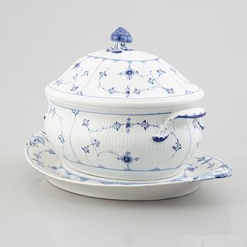 A 'Blue Fluted Plain' / 'Musselmalet' tureen with cover and stand, Royal Copenhagen, 19th century, stand 20th century.