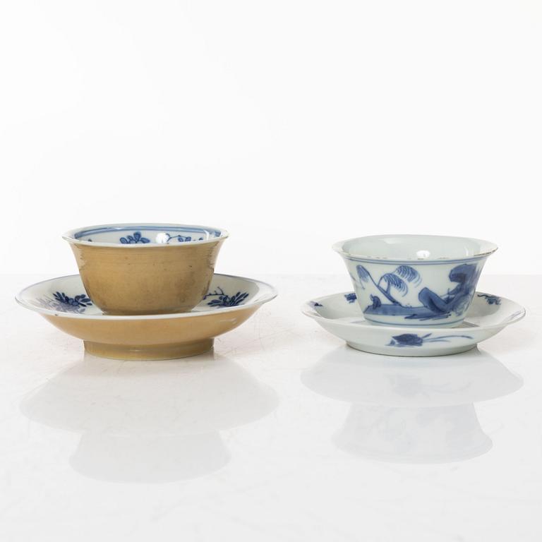 A group of three cups with saucers and two cups, Qing dynasty, 18th century.
