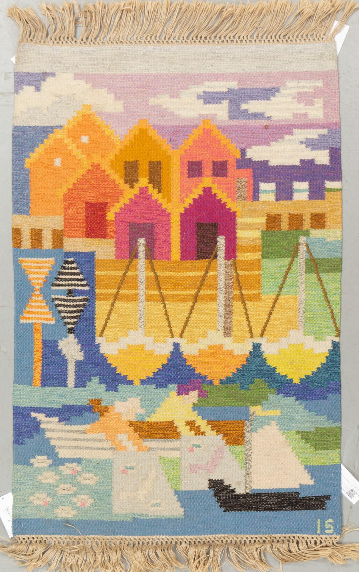 Ingegerd Silow, a textile, "Fiskeläge", flat weave, ca 124,5 x 81-83,5 cm, signed IS.