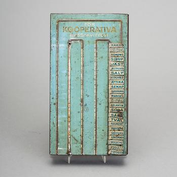 INKÖPSTAVLA TILL HUSHÅLLET, plåt, 1930/40-tal.