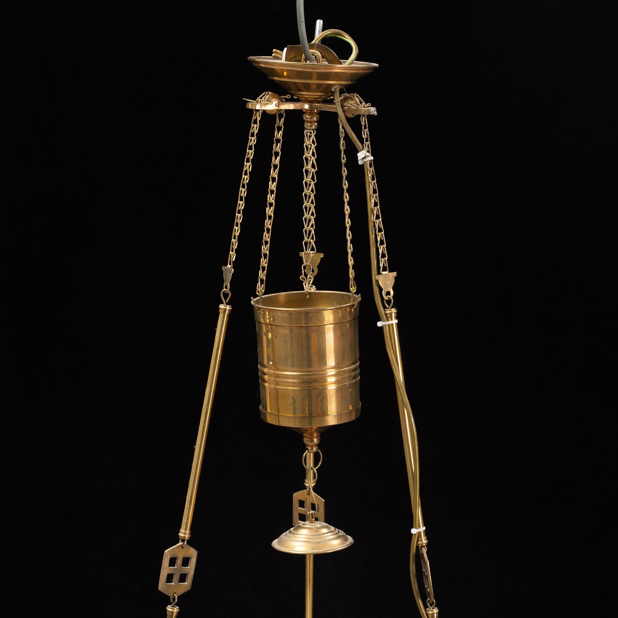 A brass paraffine pendant lamp, late 20th Century.