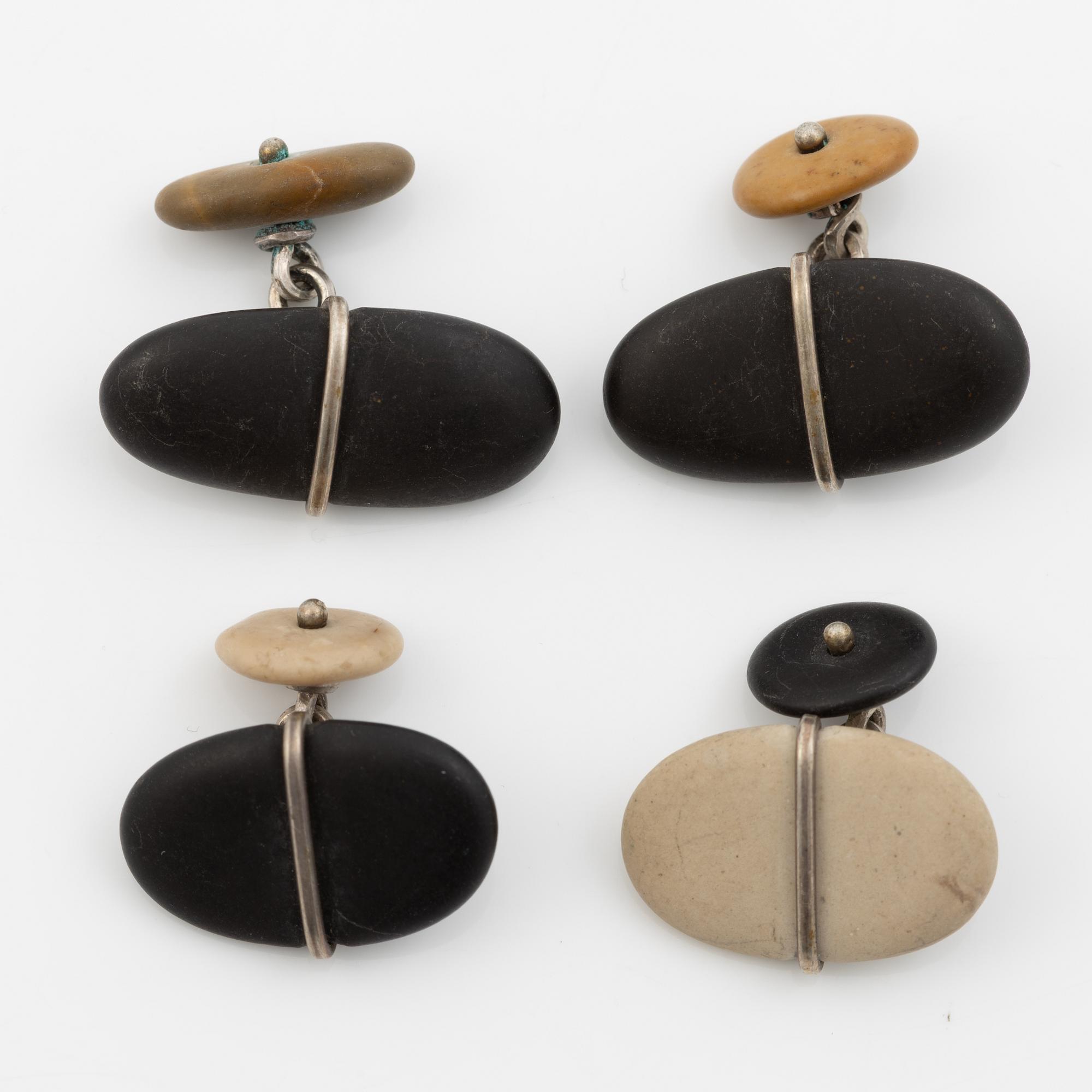 Cufflinks, two pairs, silver with beach stones, Terrs.