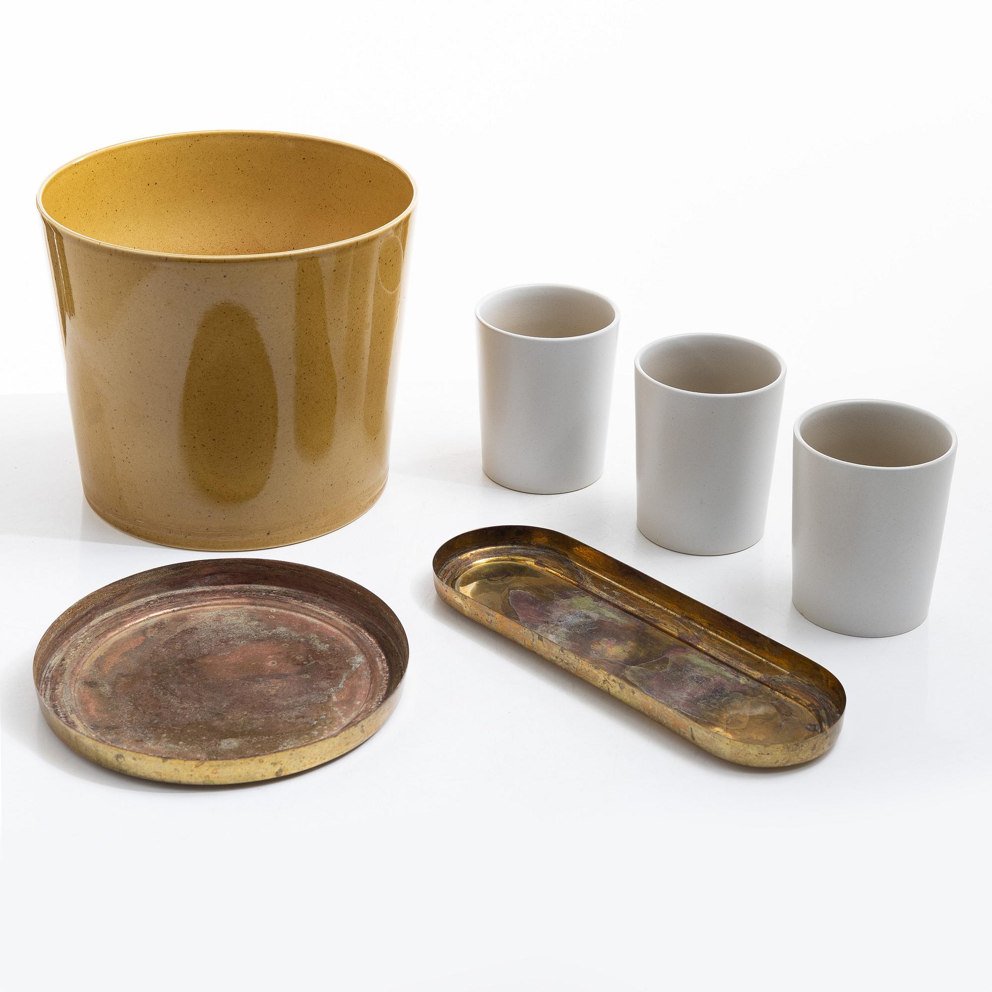 Erika Pekkari, four flower pots with brass saucers, Firma Svenskt Tenn, Sweden.