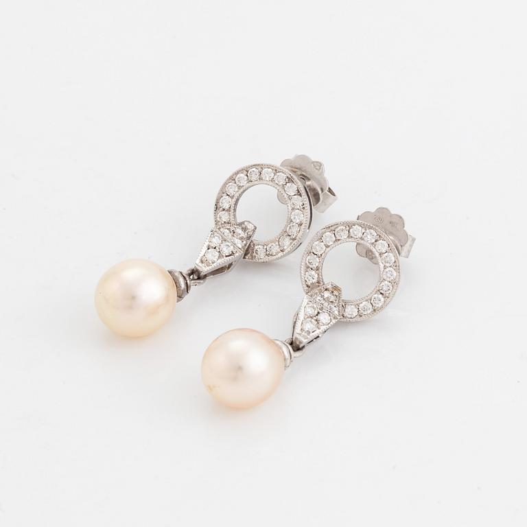 Pearl and brilliant cut diamond earrings.