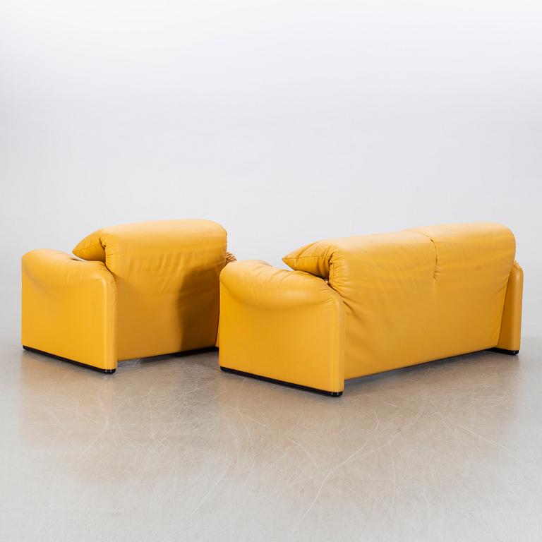 A "Maralunga" leather sofa and easy chair by Vico Magistretti, Italy.