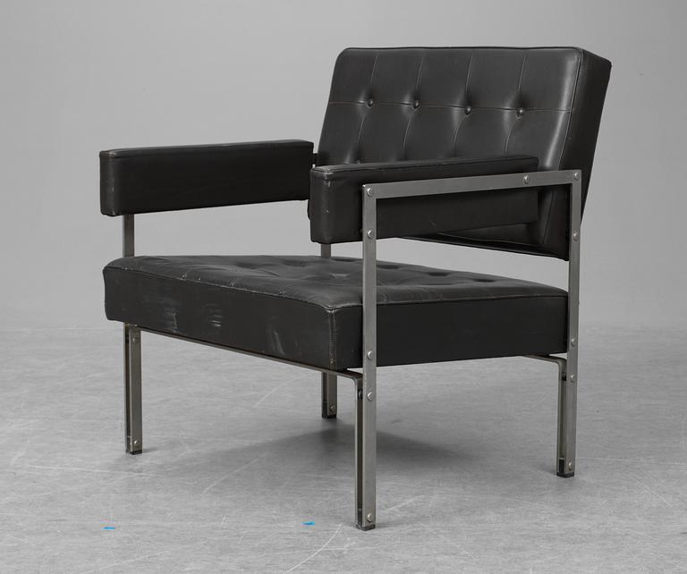 Four steel framed easy chairs with dark brown leather, possibly, Antti Nurmisniemi, Finland, 1960's.