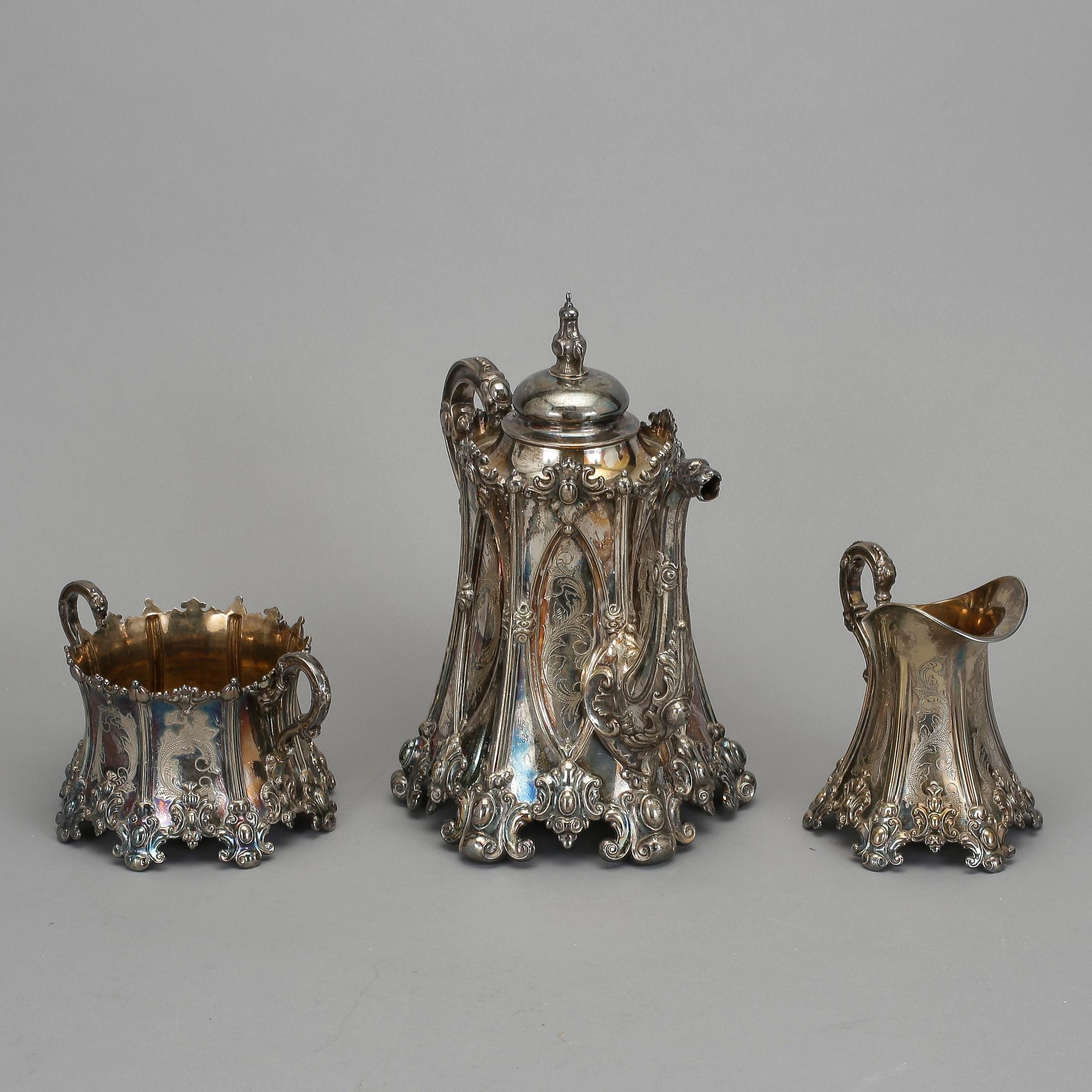 KAFFESERVIS, nysilver, götisk modell, CG Hallberg, 1900-talets början.