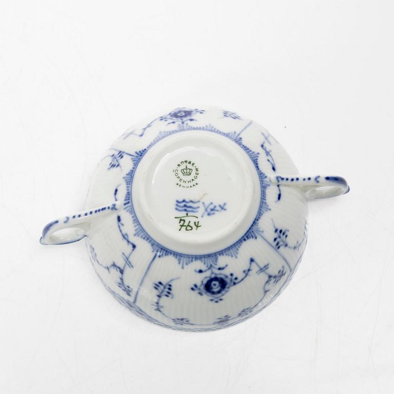 Royal Copenhagen, a set of nine consommé bowls with covers and saucers, and two cups without saucers, "Blue fluted half lace", 1960s.