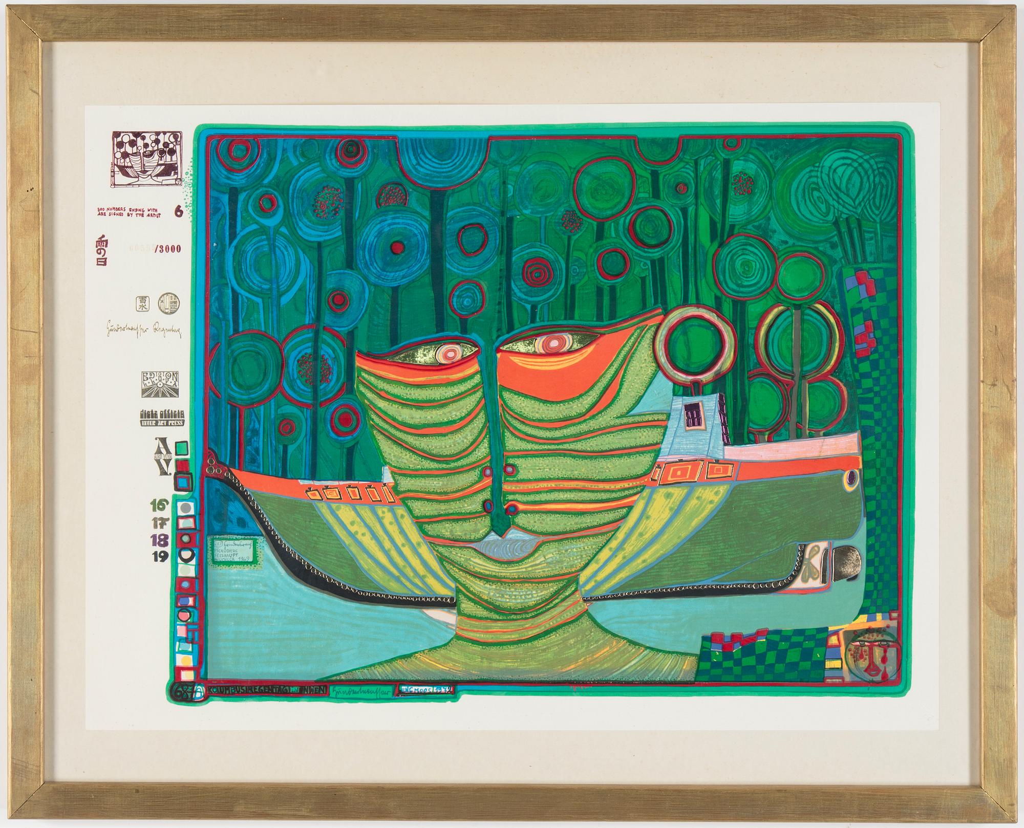 FRIEDENSREICH HUNDERTWASSER, färgserigrafi med metallprägling, numrerad 00555/3000.