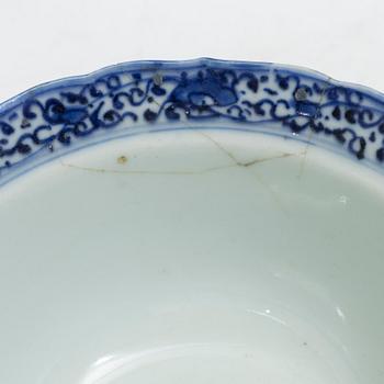 A blue and white butter dish with stand and cover, and a blue and white bowl with cover, China, Qianlong (1736-95).