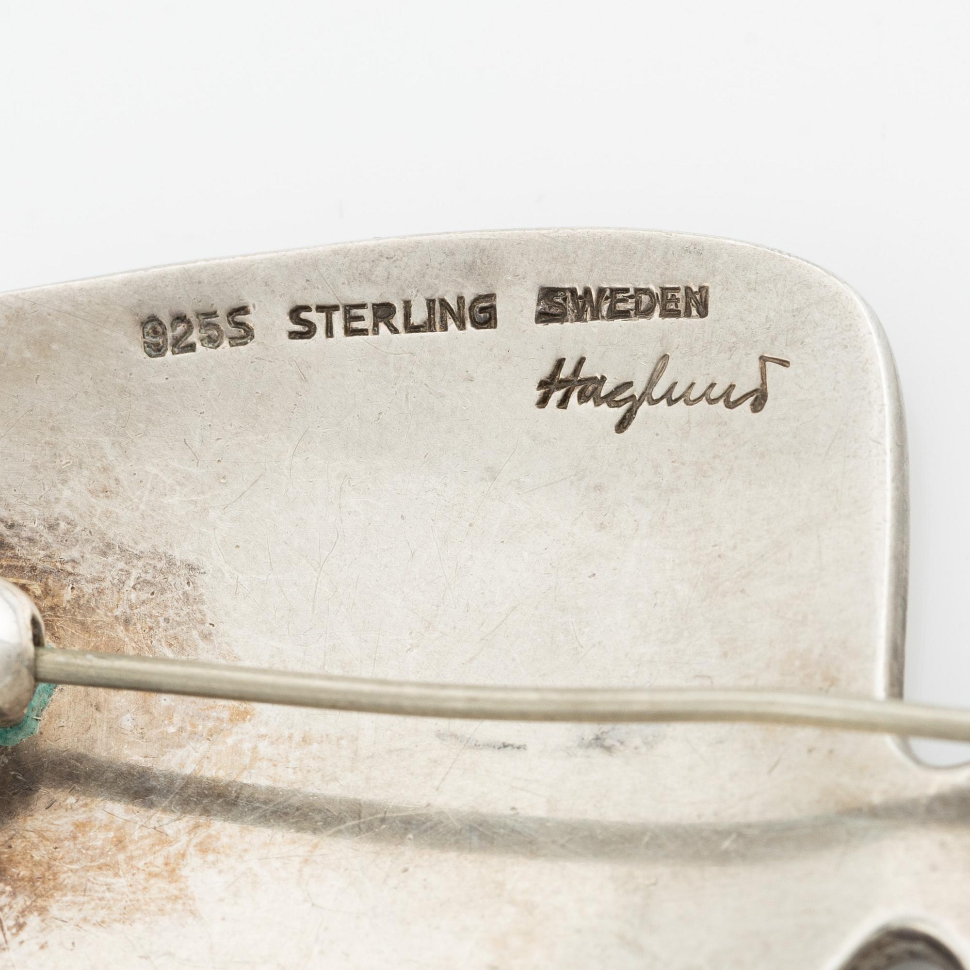 Brosch och hänge, Birger Haglund och David Andersen, silver med lila emalj.