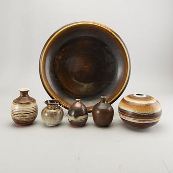 A set of six vases and a dish, by different makers, Höganäs and Vallåkra.