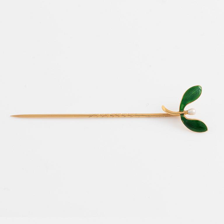 18K gold, enamel and pearl pin, CG Hallberg.