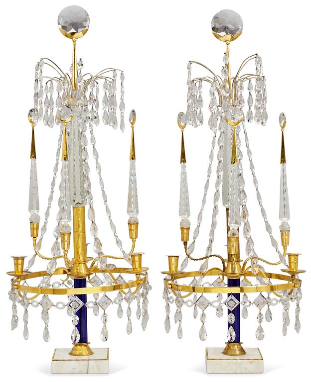 A pair of late Gustavian-style 20th century three-light table girandoles.