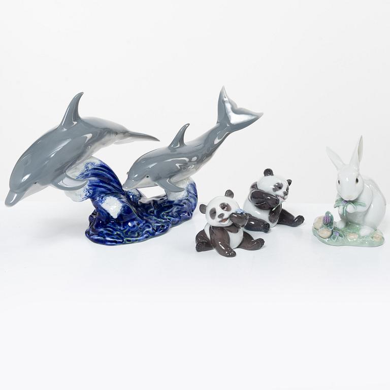 Lladró, 4 figurines, "The Chinese Zodiac": "A happy panda", "A cheerful panda", "The Rabbit", "Dance of the Dolphins".