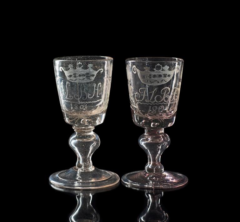 A set of two German engraved wedding goblets, end of 18th Century.