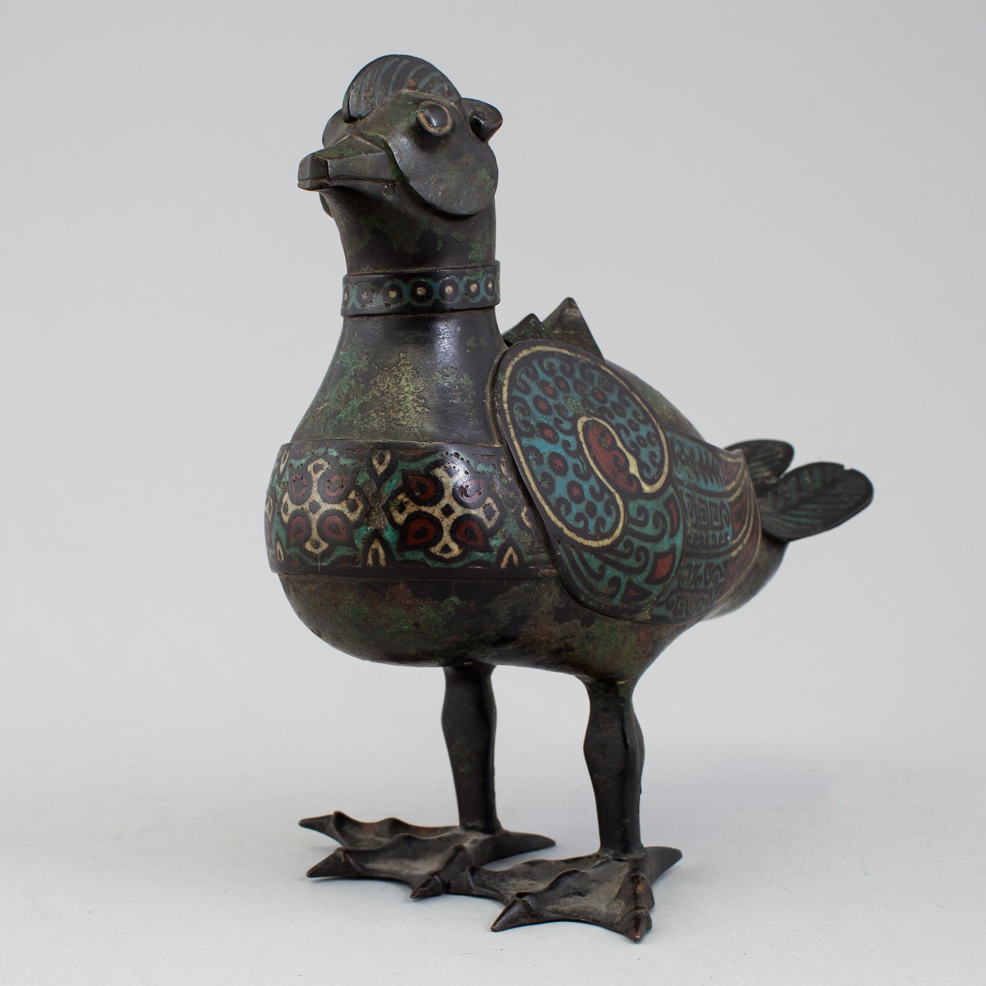 A Japanese bronze and cloisonné censer in the shape of a bird, 20th Century.