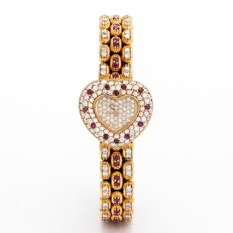 Chopard, rannekello, sydän, 18K kultaa, timantteja ja rubiineja, 22,5 mm.