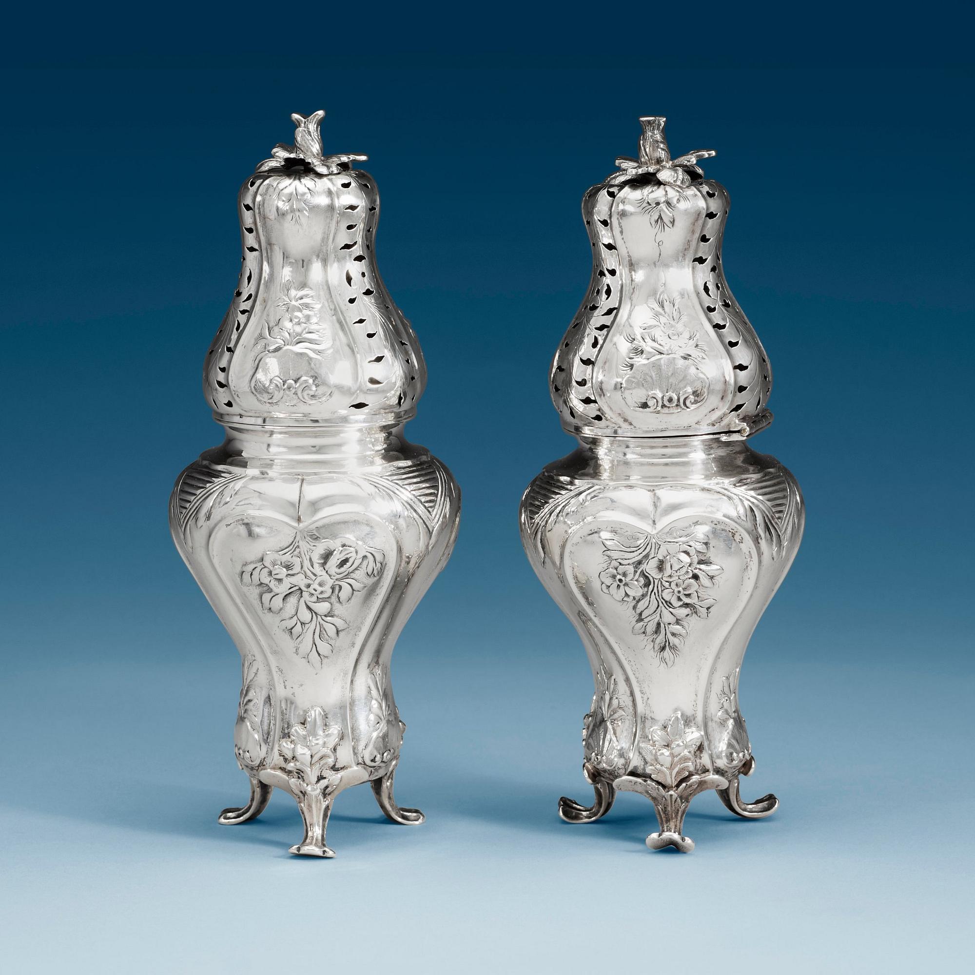 A Swedish 18th century silver sugar-casters, marked Lorentz Lindgren, Borås 1779, and one later copy with false marks.