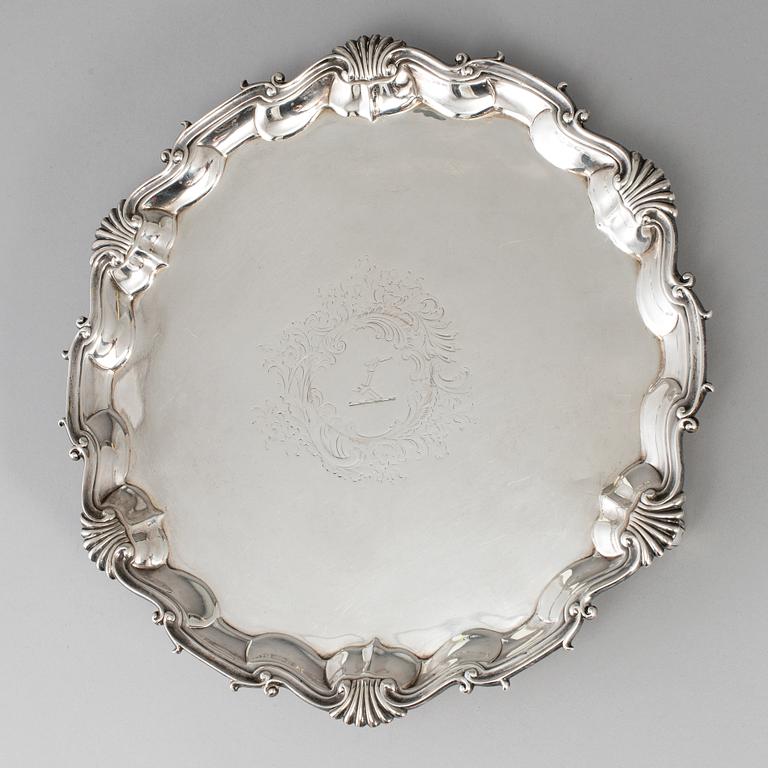 An English 18th century silver salver, unidentified makers mark, London 1750.