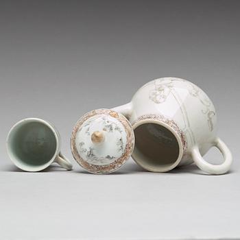 A grisaille and gold tea pot with cover and cup, Qing dynasty, Yongzheng (1723-35).