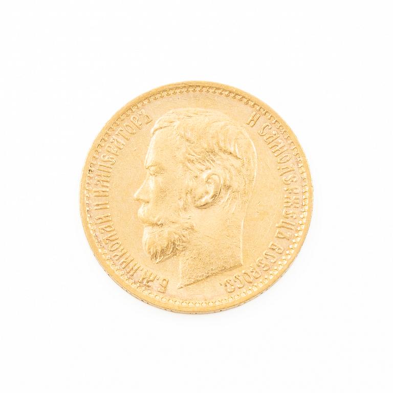 Guldmynt, Nikolaij II, Ryssland, 5 Rubel, 1899.