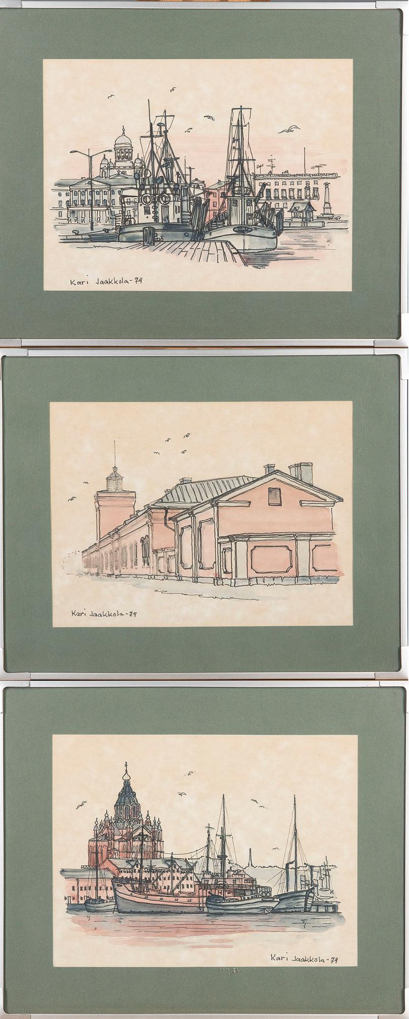 KARI JAAKKOLA, 3 st, akvarell och tusch, signerade och daterade -74.