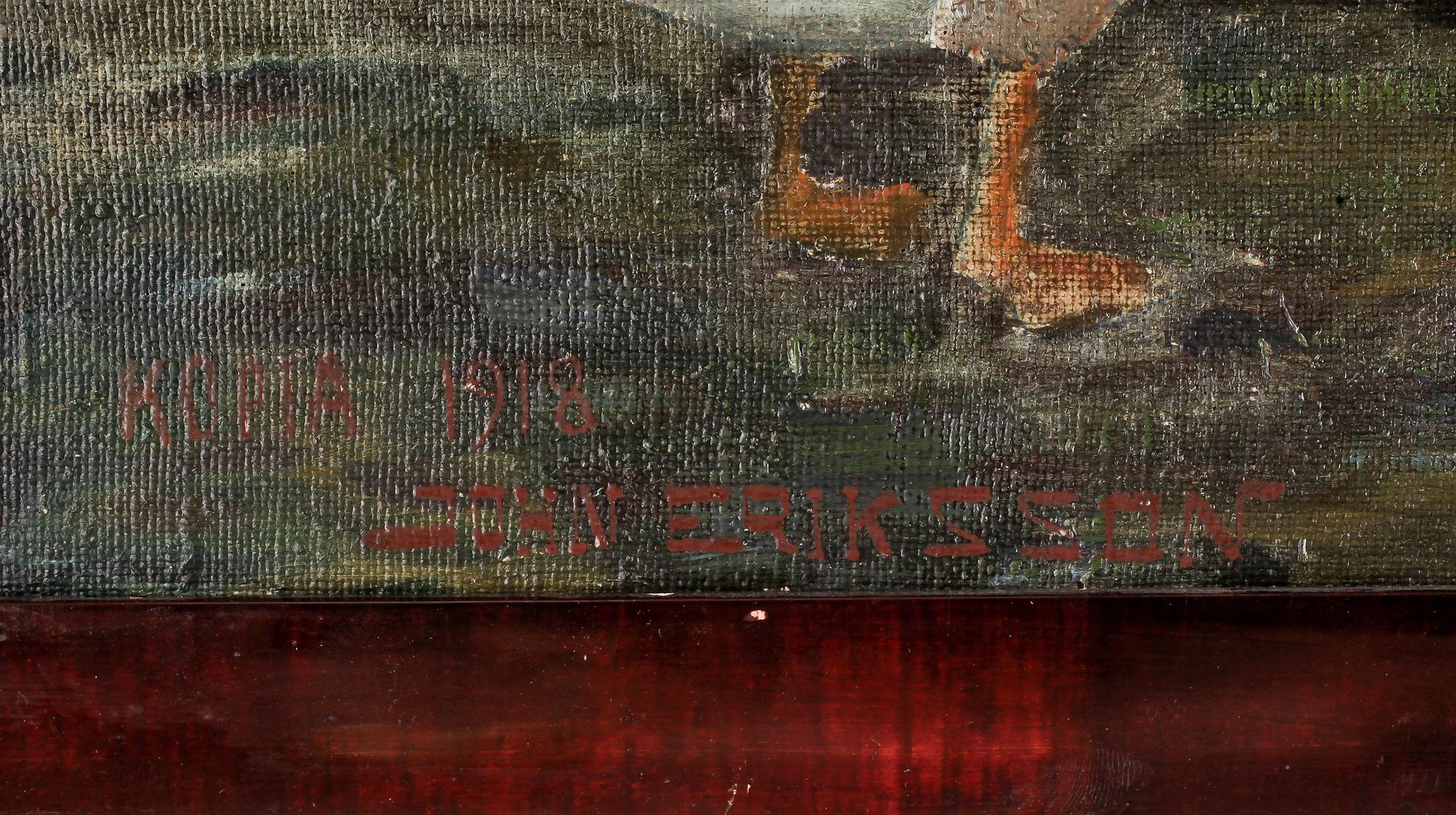 OKÄND KONSTNÄR. Oljemålning på duk. Signerad Kopia 1918 John Eriksson.
