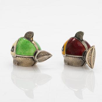 A pair of enamelled sterling silver salt- and pepper shakers, SNM, Norway.