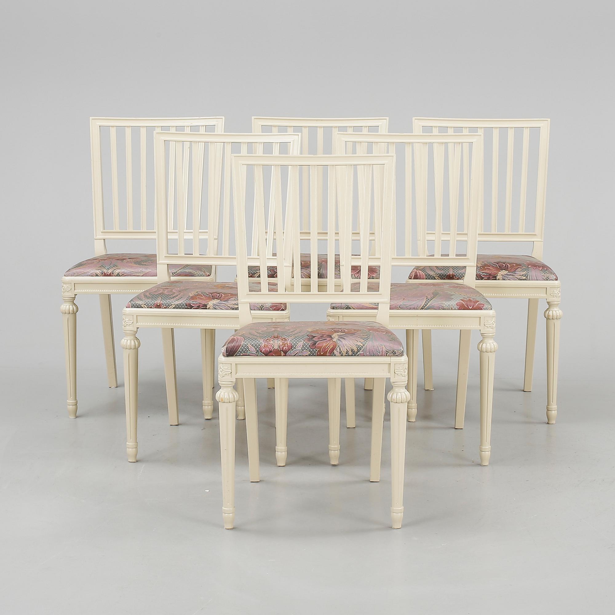 MATSALSMÖBEL, med 3 iläggsskivor, 7 delar, gustaviansk stil, 1900-talets mitt.