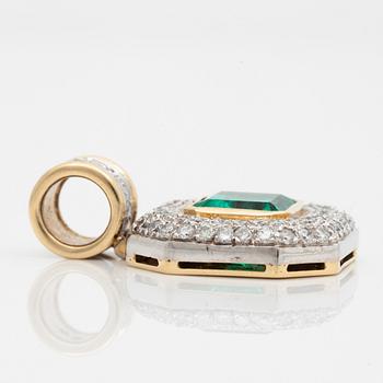 A pendant with a 5.50 ct emerald and cica 1.80 cts of brilliant cut diamonds.