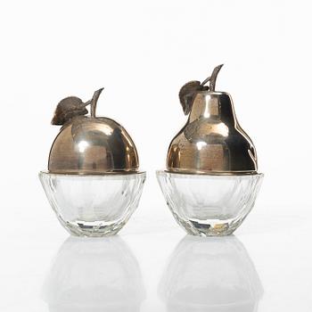 Skålar med lock, 2 st, glas och silver, 1900-tal.