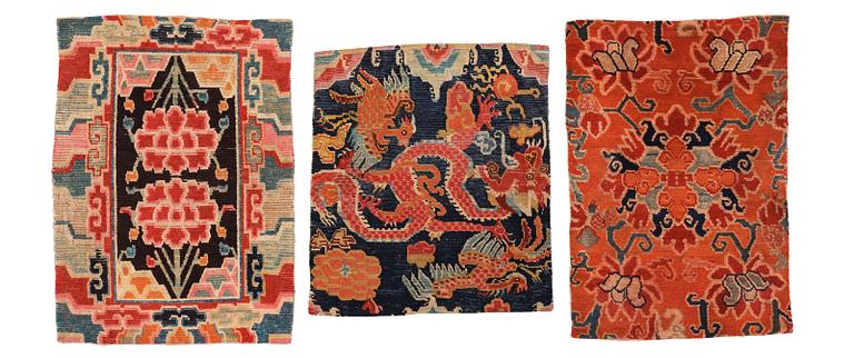 A set with three small Tibetan wool rugs, Qing dynasty, late 19th Century.