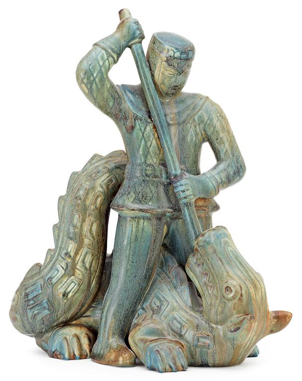 A Gunnar Nylund stoneware sculpture of S:t Michael and the dragon, Rörstrand.