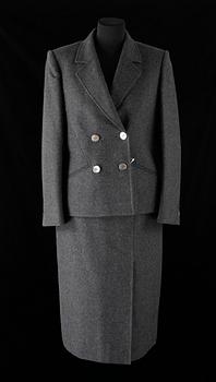 A two-piece grey wool costume consisting of jacket and skirt by Celine.