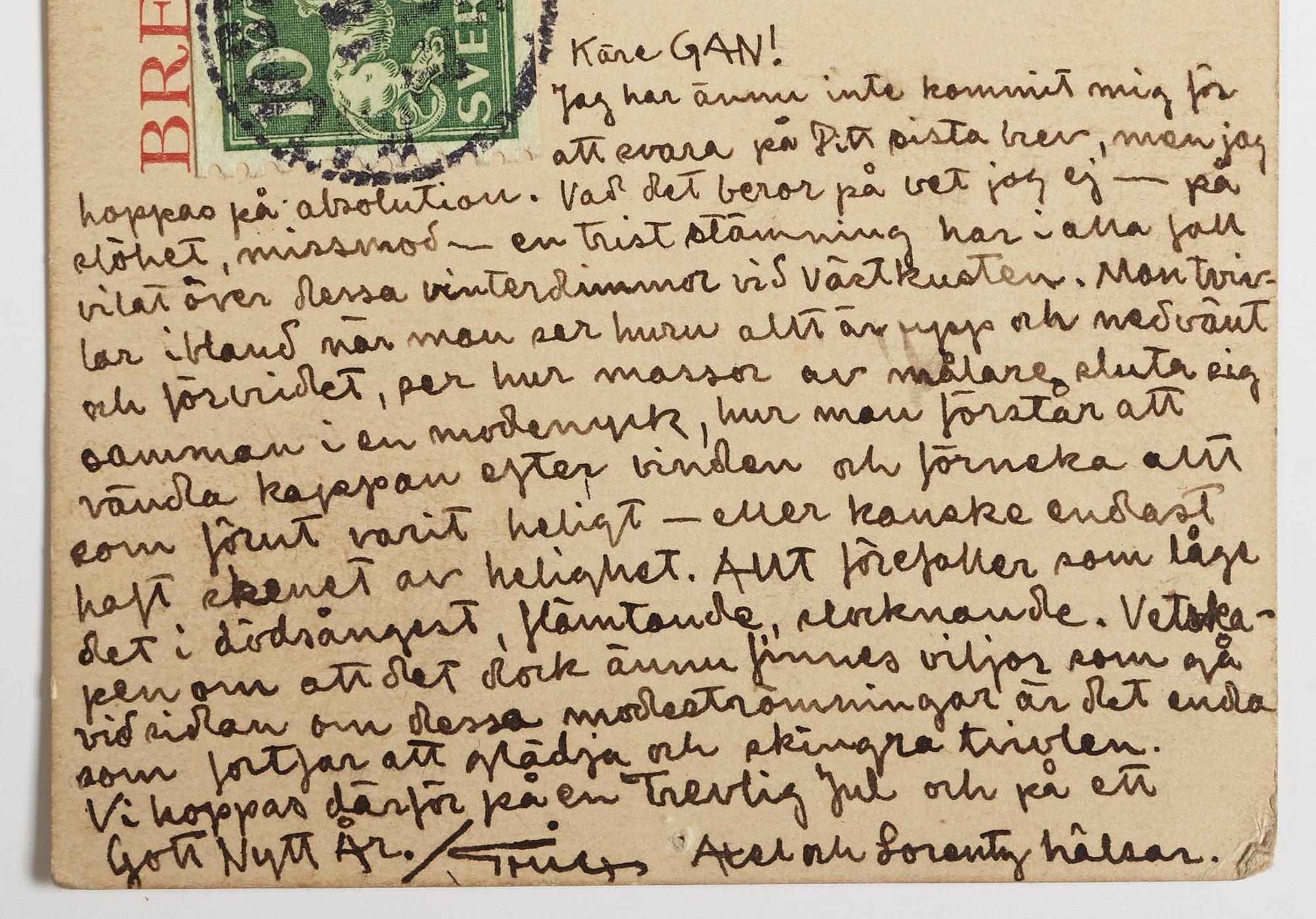 ERIK OLSON, illustrated postcard/Christmas card addressed to GAN (Gösta Adrian-Nilsson) in Paris, postmarked 16/12 1921.