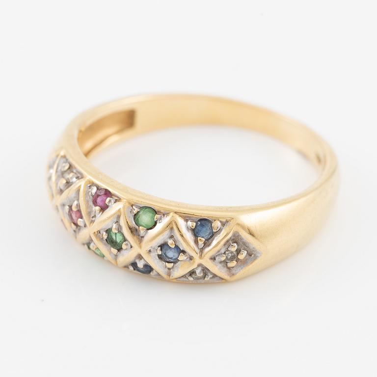 Ring, and a pair of earrings, 18K gold set with small rubies, emeralds, sapphires, and diamonds.