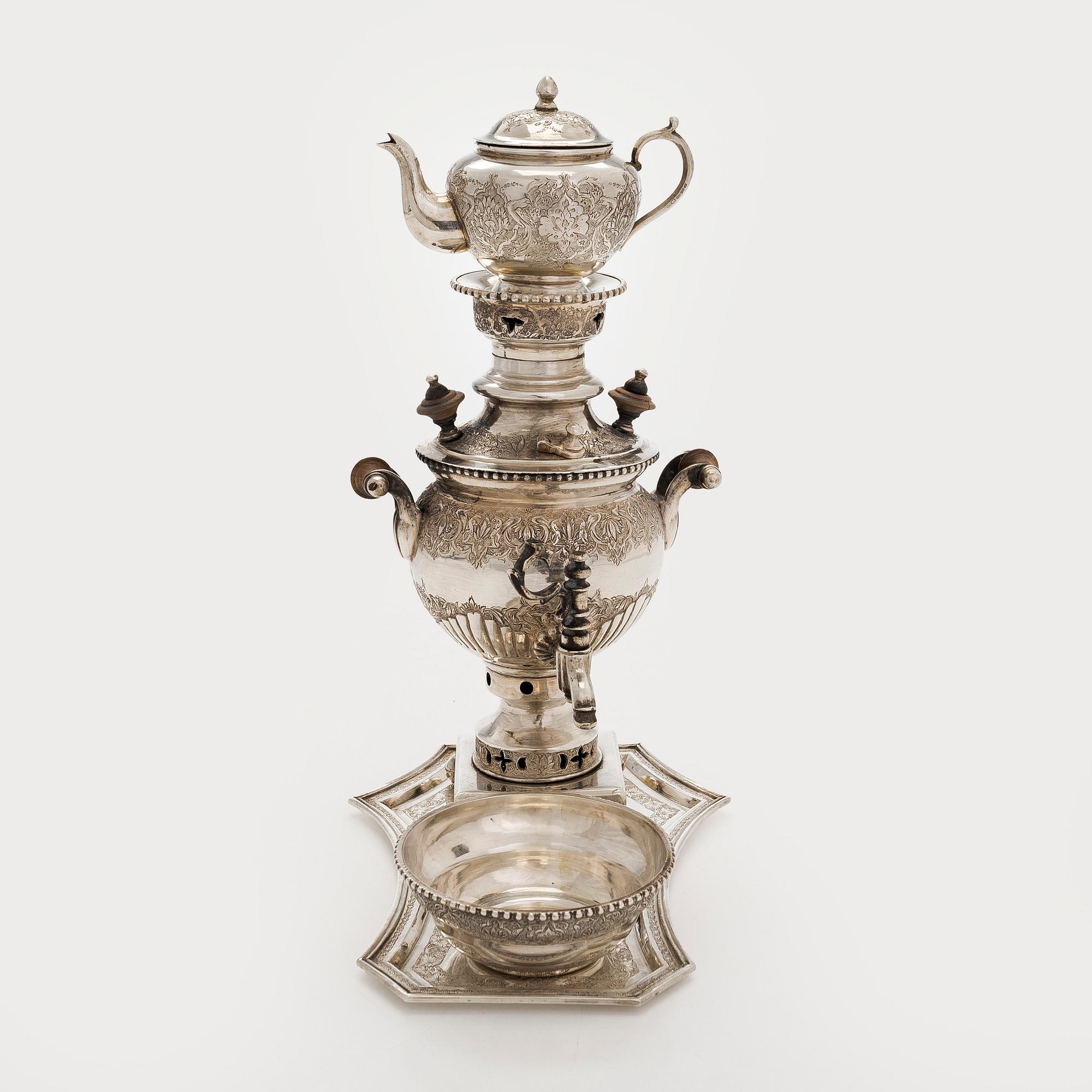 A Persian miniature silver samovar, first half/mid-20th century, Finnish import marks, Helsinki 1953.