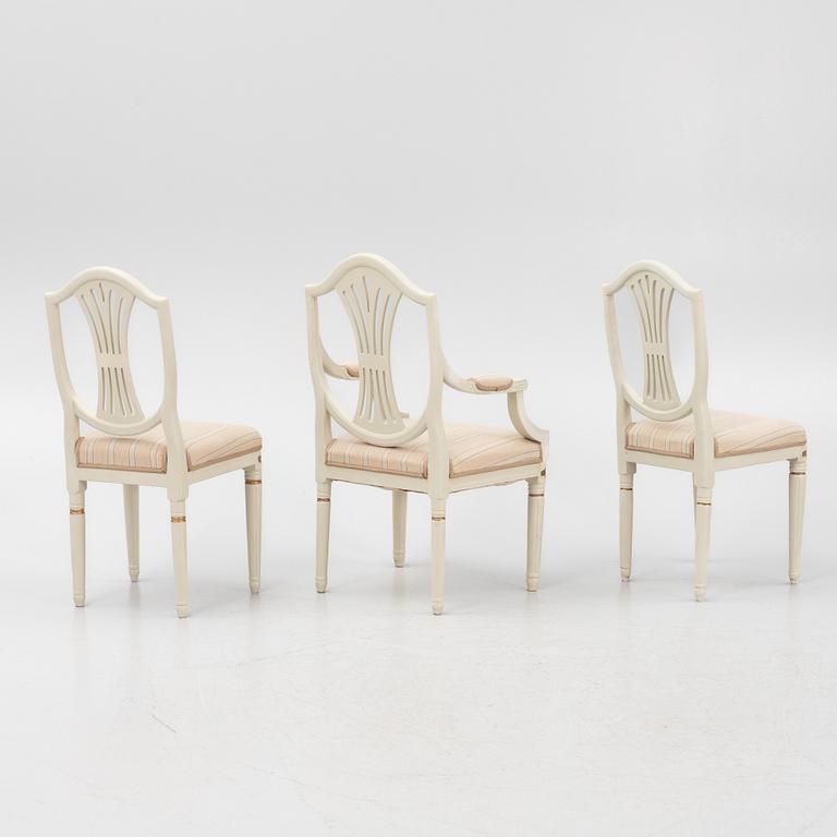 A pair of Gustavian chair and an armchair, Sweden, 19th century.