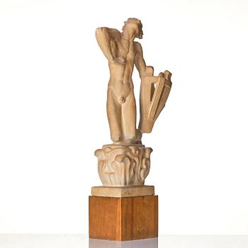 John Lundqvist, skulptur, lyrspelare, patinerad gips, daterad 1928.