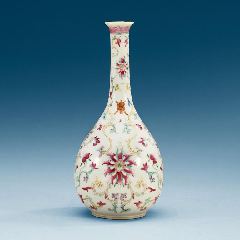 A famille rose bottle with Qianlong seal mark, late Qing dynasty.