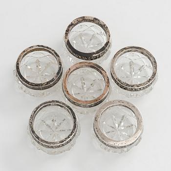 A set of six Estonian glass and silver salt cellars, maker's mark of Hirsch Markowitsch, Tallinn 1922-39.