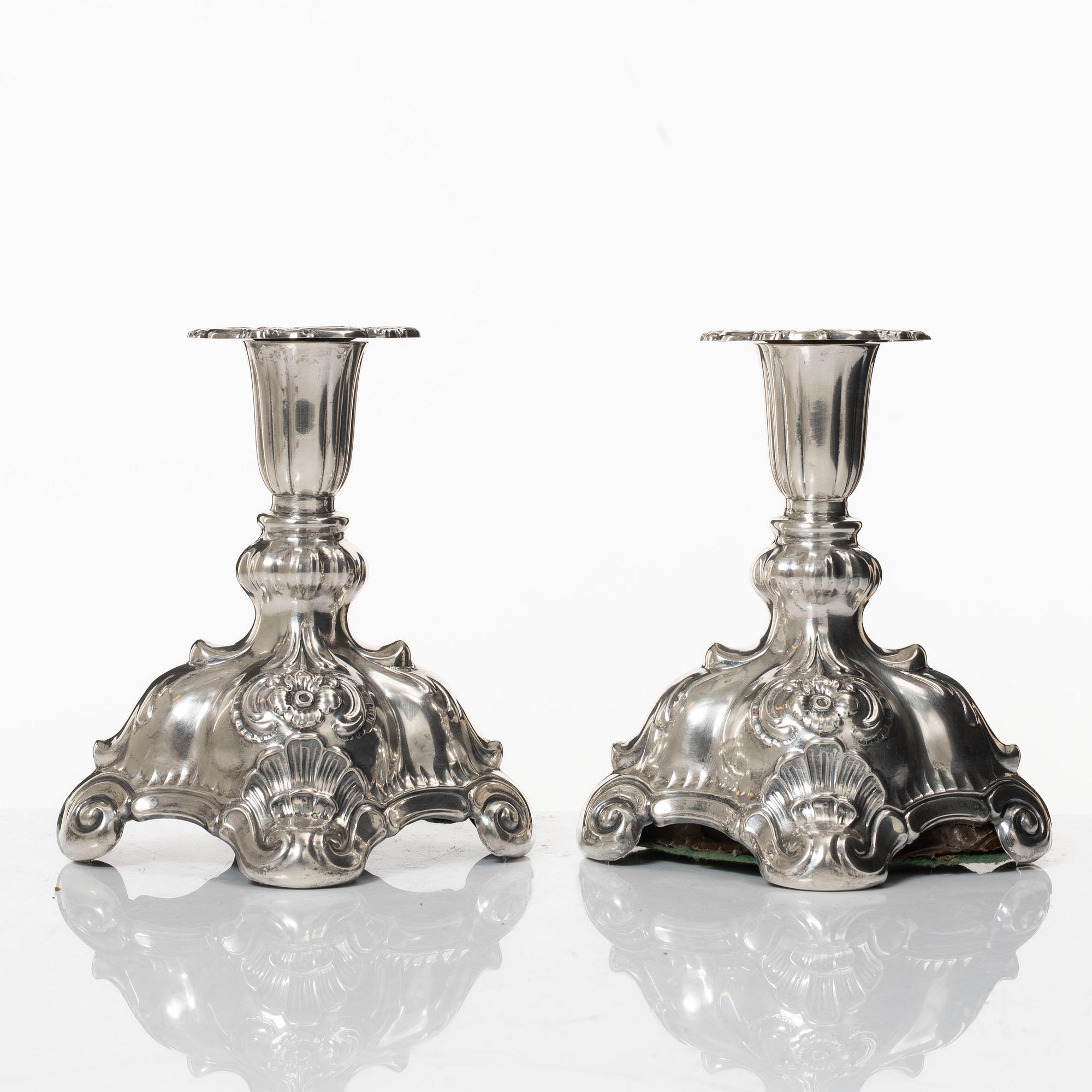 C.G. Hallberg, Candelsticks, a pair, silver, Baroque style, Stockholm 1943.